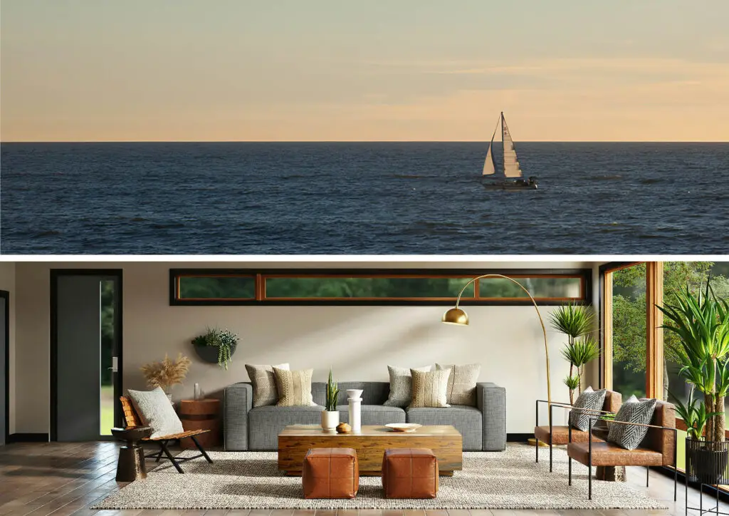 Top image: boat on the ocean at sunset. Bottom image: living room with lots of natural light, horizontal window above couch and side chairs