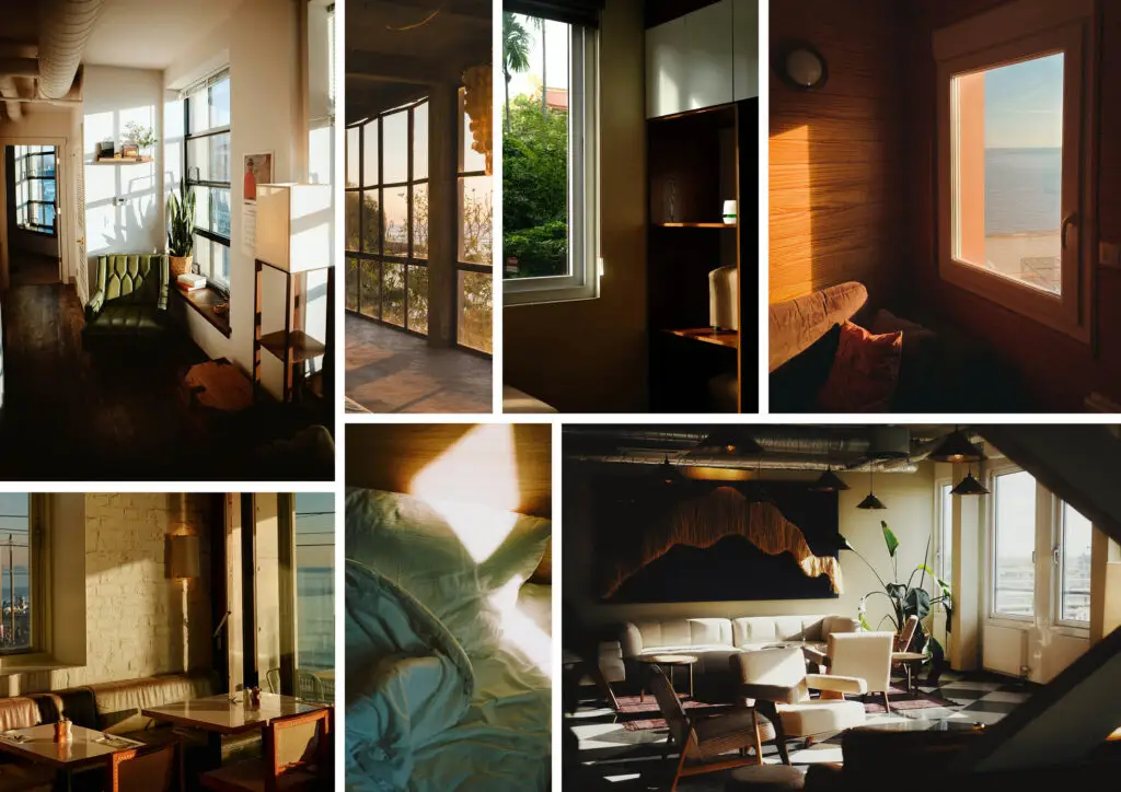 Collage of angles of light in interior spaces