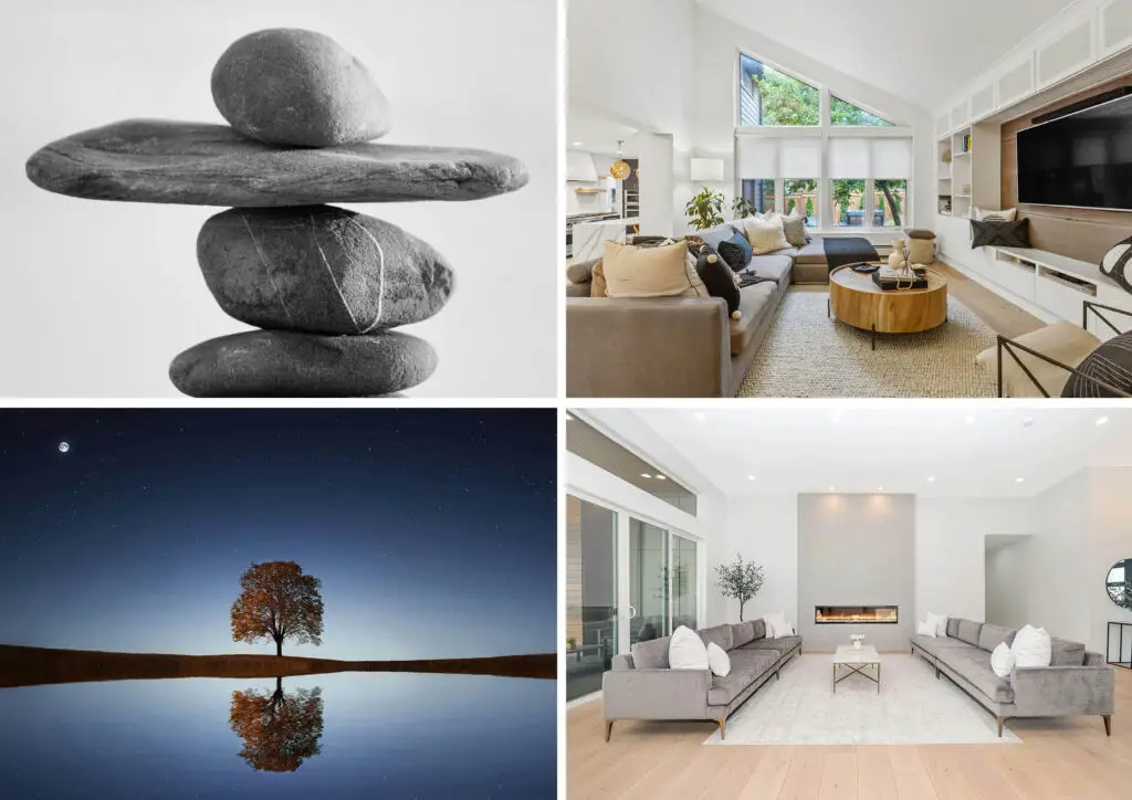 Left images: Balance in nature. Right images: Balance in interior design