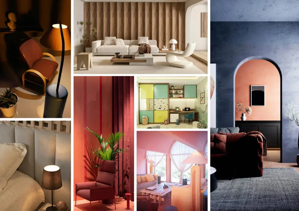 Collage of interiors with various color schemes
