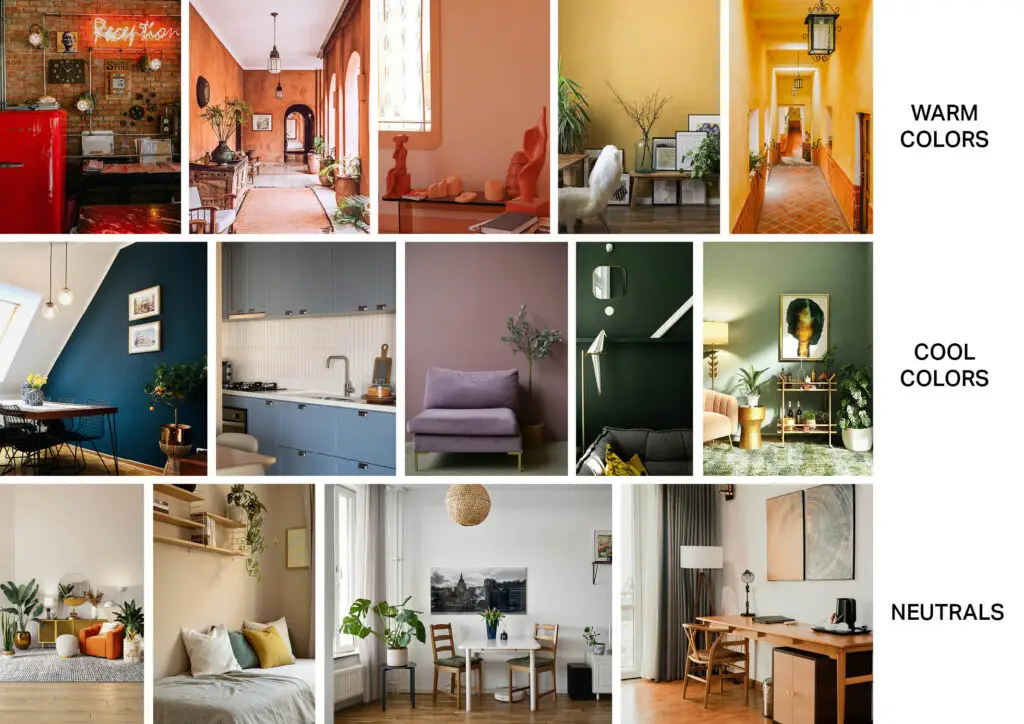 Collage of interiors with warm, cool, and neutral palettes