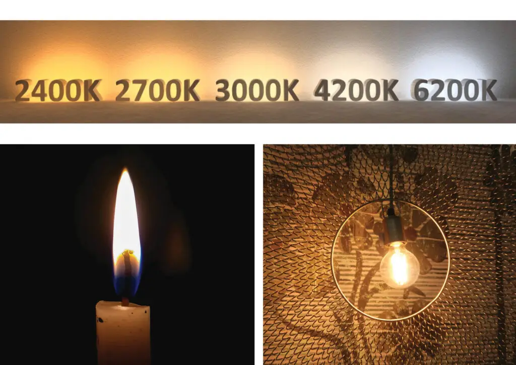 Colors of light, flame, and a single bulb for warm lighting