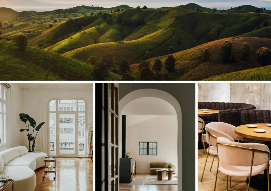 Collage of images. First image of rolling hills. Second image of an interior with a curved couch and curved window. Third image showing a curved archway looking into a living room. Fourth image of curved chairs at a curved banquette in a restaurant