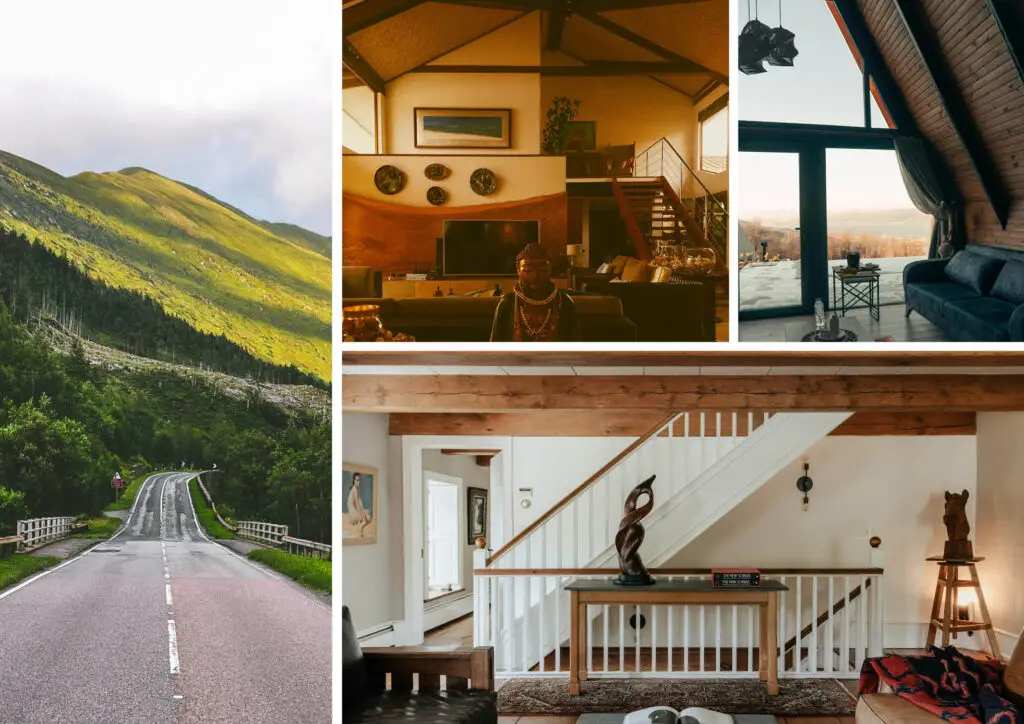 Collage of images. Left image of a road driving to mountains. Upper right images. Interiors with slanted ceilings. Bottom right image with staircase