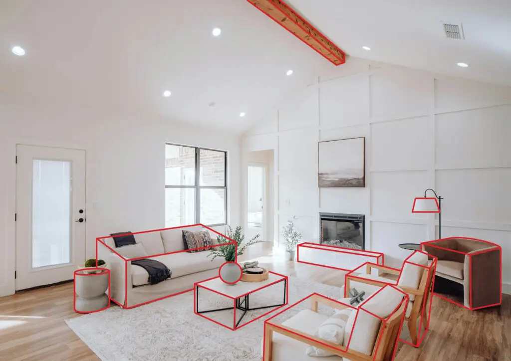 Living room with red lines to show forms perceived in the brain