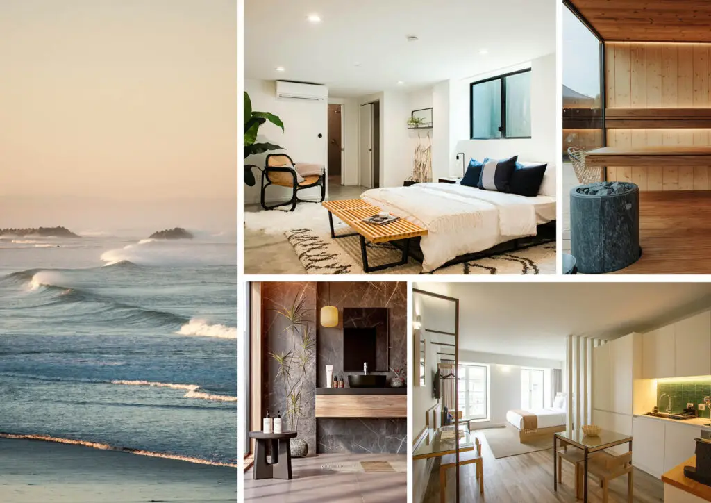 Left image: peaceful image of ocean at sunset. Other images of interiors that are pleasing to look at