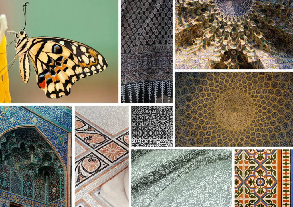 Upper left image: Butterfly. Rest of images: pattern examples in design