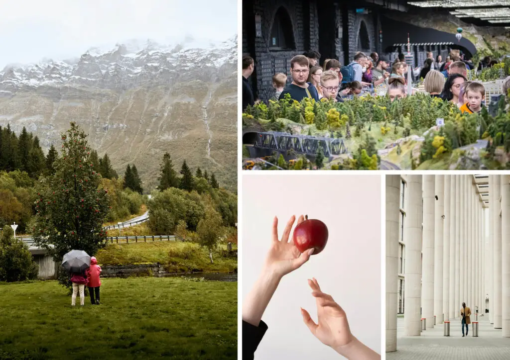 Collage of images. Left image: people standing in front of a mountain. Upper right: People looking at a scale model. Bottom left image: apple in someone's hands. Bottom right image: Person standing in large corridor
