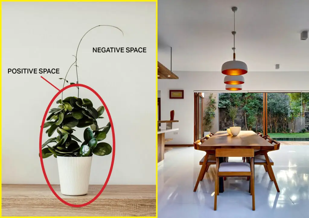 Left Image: plant on a table to show positive and negative space. Right image: dining table in a rom to show positive and negative space